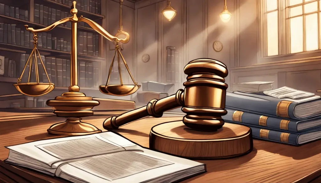 Martelo de juiz em uma mesa com livros jurídicos, balanças da justiça e distintivo policial ao fundo.