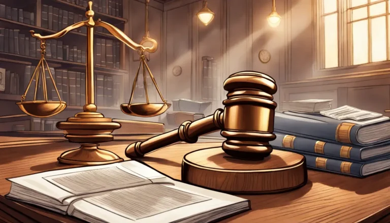 Martelo de juiz em uma mesa com livros jurídicos, balanças da justiça e distintivo policial ao fundo.