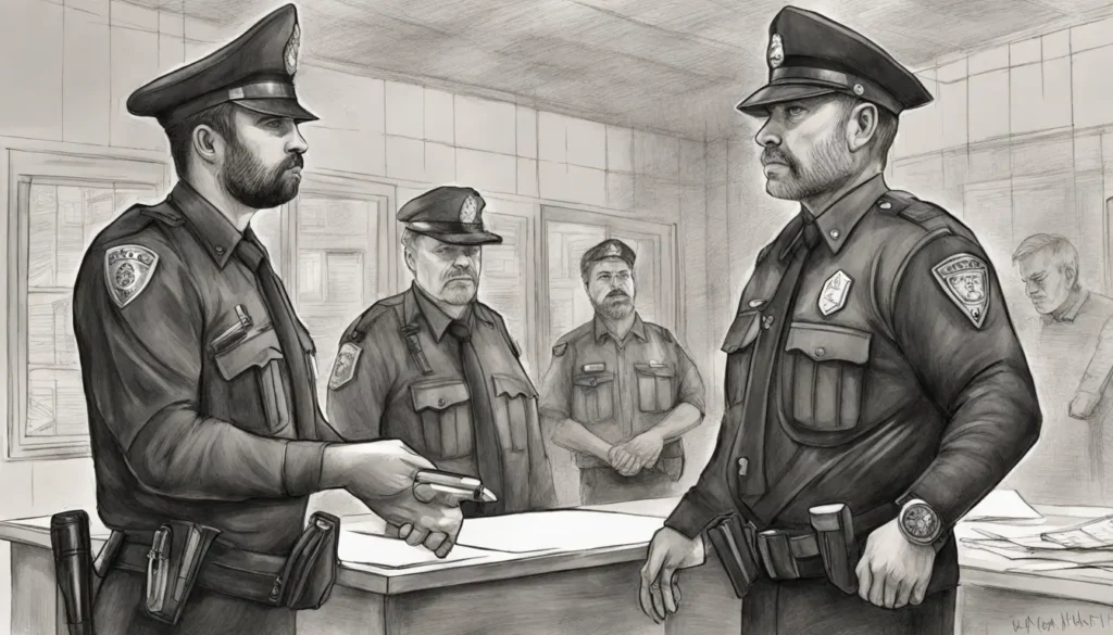 Interior de tribunal com bancada do juiz, advogados, caixa de júri e policiais com algemas, tudo em tons suaves.